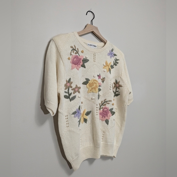 VTG Alfred Dunner cotton cream floral cable knit sweater short sleeve size med - Picture 1 of 5